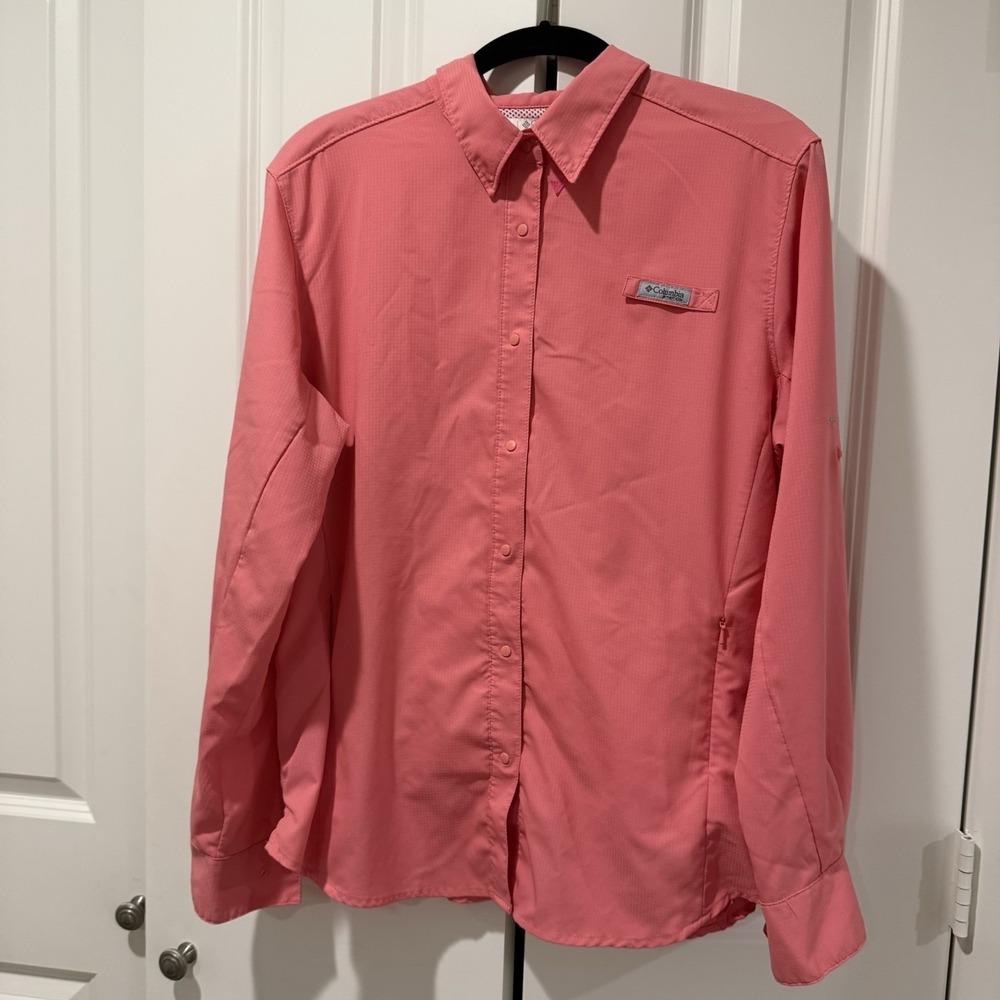 Columbia Women's L Pink Long Sleeve Snap Button-Up Fishing Shirt Pockets Logo